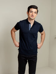 Navy Blue Jacquard Polo Shirt With Floral Detailing