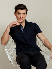 Navy Blue Jacquard Polo Shirt With Floral Detailing