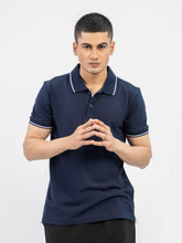 Navy Blue Pique Polo With White Tipped Collar