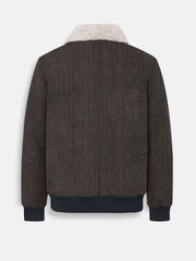 Brown Wool Blended Aviator Jacket With Beige Sherpa Collar