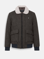 Brown Wool Blended Aviator Jacket With Beige Sherpa Collar