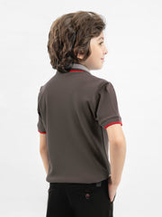 Brown Pique Polo With Red Collar