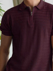 Burgundy Textured Flat Knit Zipper Polo
