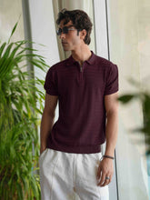Burgundy Textured Flat Knit Zipper Polo