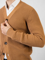 Camel Brown Ribbed V-Neck Cardigan