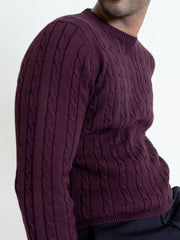 Classic Burgundy Cable Knit Crew Neck Sweater
