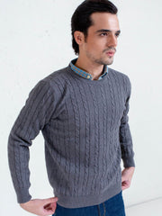 Classic Grey Cable Knit Crew Neck Sweater