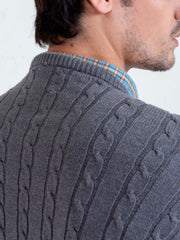 Classic Grey Cable Knit Crew Neck Sweater