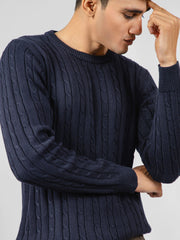 Classic Navy Blue Cable Knitted Crew Neck Jumper