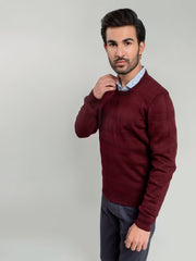 Dark Maroon Textured Crew Neck Sweater