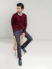 Dark Maroon Textured Crew Neck Sweater