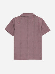 Dark Tea Pink Seersucked Casual Cuban Collar Shirt - Junior