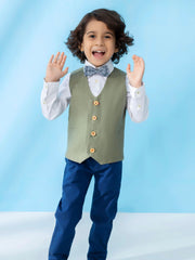 Green Linen Textured Suit Vest With Bow