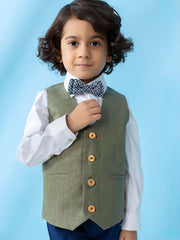 Green Linen Textured Suit Vest With Bow