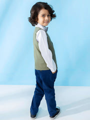 Green Linen Textured Suit Vest With Bow