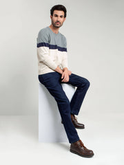 Grey & Beige Striped Crew Neck Sweater