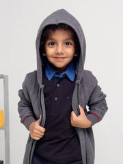 Grey Casual Textured Zipper With Hoodie