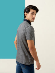 Grey Geometric Jacquard Polo With Contrasting Collar