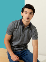 Grey Geometric Jacquard Polo With Contrasting Collar