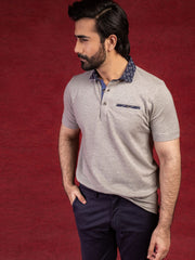 Grey Polo With Navy Printed Collar