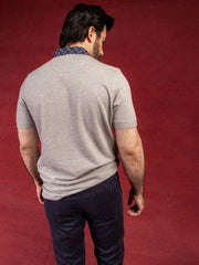 Grey Polo With Navy Printed Collar