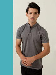 Grey Striped Mao Collar Polo Shirt
