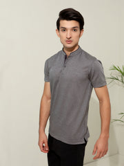 Grey Striped Mao Collar Polo Shirt