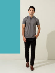 Grey Striped Mao Collar Polo Shirt