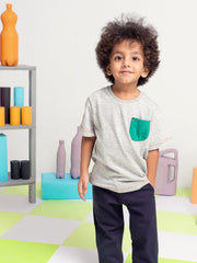 Grey White Neppy T-Shirt With Contrasting Green Pocket