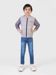 Grey Corduray Checkered Quilted Bomber Jacket