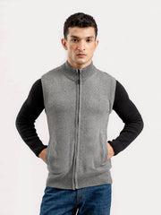 Grey Neppy Sleeveless Zipper Sweater