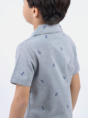 Grey Textured Cuban Collar Half Sleeve Shirt