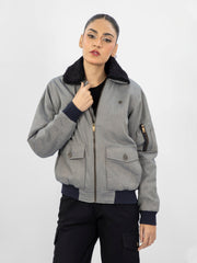 Greyish Blue Twill Sherpa Collar Aviator Jacket - Women
