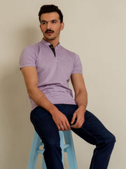 Lilac Herringbone Mao Collar Polo Shirt