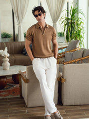 Mid Brown Textured Flat Knit Zipper Polo