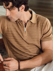 Mid Brown Textured Flat Knit Zipper Polo