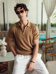 Mid Brown Textured Flat Knit Zipper Polo
