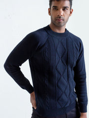 Navy Blue Cable Knitted Mock Neck Sweater