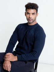 Navy Blue Cable Knitted Mock Neck Sweater