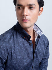 Navy Blue Floral Print Shirt With Detailing