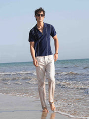 Navy Blue Front Striped Zipper Polo