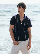 Navy Blue Front Striped Zipper Polo
