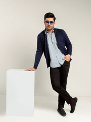 Navy Blue Knitted Textured Zipper