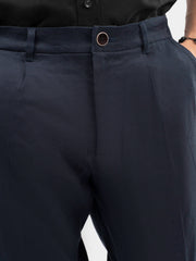 Navy Blue Linen Comfort Waist Chinos With Pleats