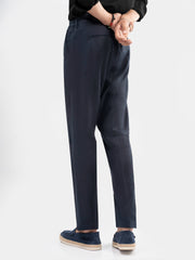 Navy Blue Linen Comfort Waist Chinos With Pleats