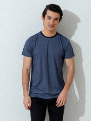 Navy Blue Marl Crew Neck T-Shirt With Contrasting Rib