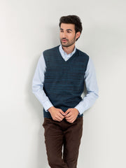 Navy Blue Patterned Sleeveless V-Neck Sweater