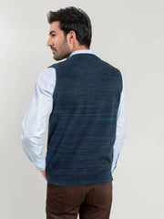 Navy Blue Patterned Sleeveless V-Neck Sweater