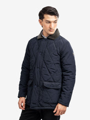 Navy Blue Sportsquilt Long Jacket With Corduroy Collar