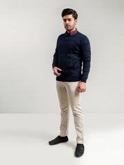 Navy Blue Textured Crew Neck Sweater